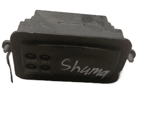 Front view of dashboard clock for Kia Shuma showing black casing and clear face, used condition.Front view of