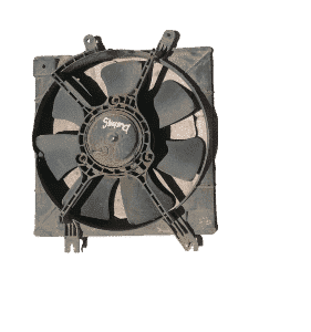 Front-facing Kia Shuma radiator fan assembly with central motor and attached fan blades, clean and new.Front-f