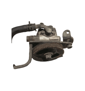 Front angle view of a steering pump for a 2002 Kia Shuma, shown against a white background.Front angle view of