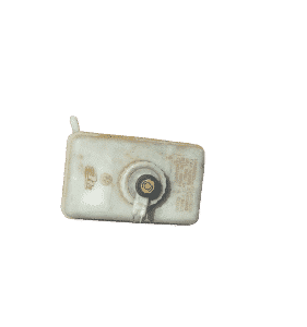 Top front angle view of a clean BMW E36 brake fluid reservoir with attached cap and sensor fitting.Top front a