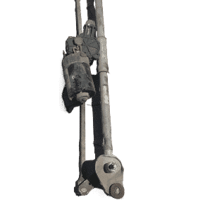 Front view of a Toyota Rav4 wiper motor and mechanism assembly, displayed on a white background.Front view of