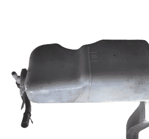 Clear plastic radiator overflow tank shown from front angle with attached cap and mounting points.Clear plasti