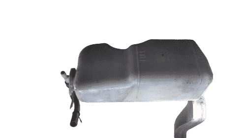 Radiator Overflow Water Bottle Clear plastic radiator overflow tank shown from front angle with attached cap and mounting points.Clear plasti