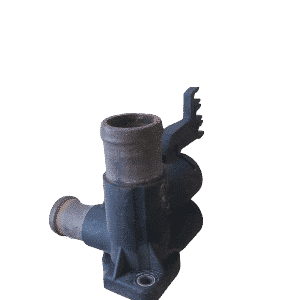 Front angle view of a new thermostat housing made of metal with mounting points and outlet visible.Front angle
