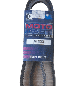 Front view of a new black rubber fan belt designed for Isuzu KB200 displayed on a white background.Front view