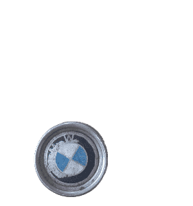 Close-up of used BMW centre cap viewed from the front showing logo and retaining clips.Close-up of used BMW ce