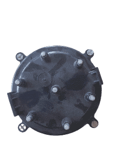 Top-down view of a black 6-cylinder distributor cap showing six terminal points and central ignition tower.Top
