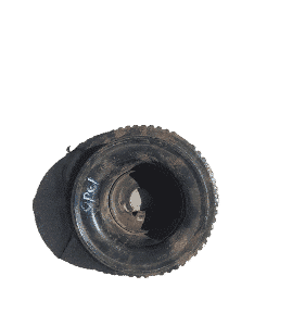Front view of a used Opel Corsa crank pulley showing bolt holes and grooved outer edge.Front view of a used Op
