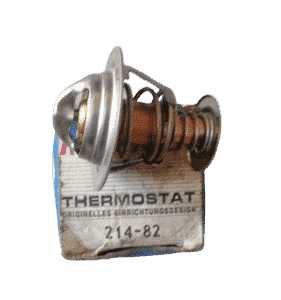 Front view of a new thermostat component with metal housing and black plastic connector, isolated on white bac