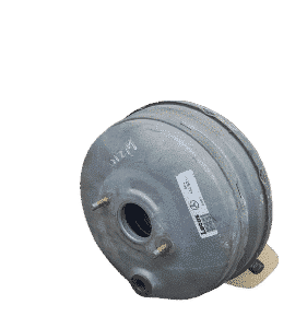 Front view of Mercedes E320 brake booster with attached master cylinder, clean and ready for installationFront