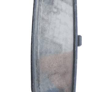 Interior rear view mirror shown from front angle, clear reflective glass and black frame.Interior rear view mi