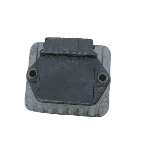 Front view of a VW Golf electronic control module, black plastic housing with connector pins visible.Front vie