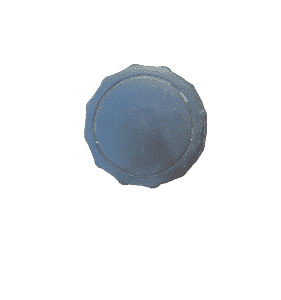 Close-up of a black, round oil cap with integrated removable dipstick shown from top angle.Close-up of a black