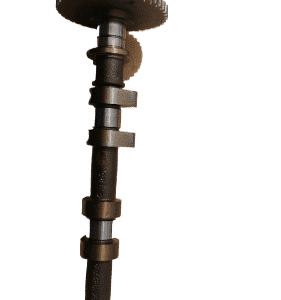 Close-up front angle of a metallic automotive camshaft for a Mercedes C180 on a white background.Close-up fron