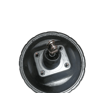 Front angled view of a brake booster for a Mercedes C180 against a white background.Front angled view of a bra