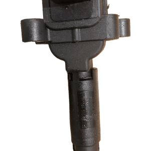 Front view of a new ignition coil for Mercedes C180 with four connectors and mounting points visible.Front vie