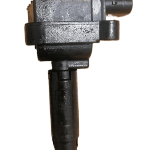Front view of a new ignition coil for a Mercedes C180 with connectors and mounting points visible.Front view o