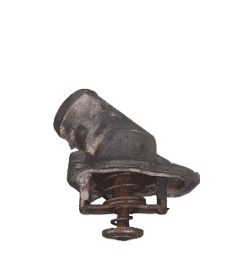 Front view of a new car thermostat with connected temperature sensor and black housing on white background.Fro