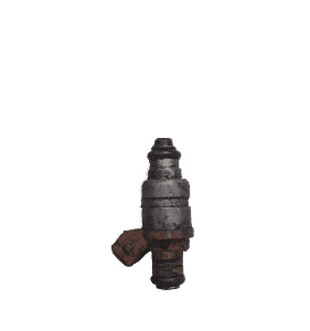 Top angled view of a used fuel injector showing electrical connector and nozzle sections in focus.Top angled v