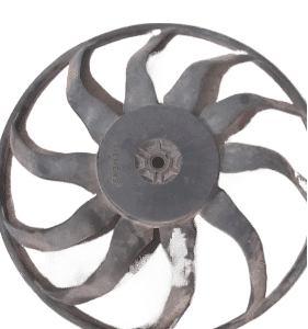 Close-up front view of a black BMW 525i E39 aircon fan blade displayed on a white background.Close-up front vi