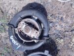Used side view of a compact blower fan with mounting brackets and visible wiring harness.Used side view of a c