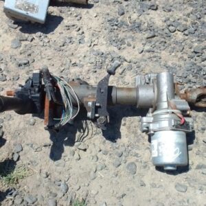 Used electric steering column for a Peugeot 107, front view showing full length and connectors.Used electric s