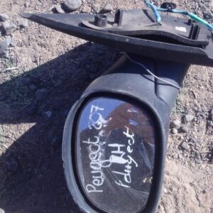 Left side exterior mirror for Peugeot 207, used condition, shown angled from front left side.Left side exterio