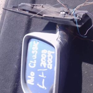 Used left side mirror for Volkswagen Polo, shown from front angle with black housing and glass intact.Used lef