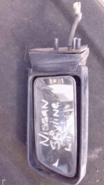Right-side exterior mirror for Nissan Skyline, used condition, shown angled from front and top view.Right-side