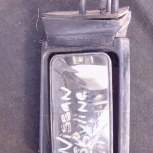 Right-side exterior mirror for Nissan Skyline, used condition, shown angled from front and top view.Right-side