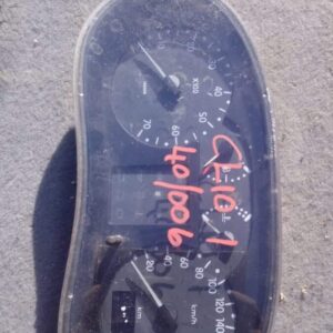 Close-up of a used Renault Clio 1 dashboard cluster showing speedometer and gauges from the front angle.Close-