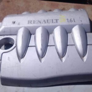 Top view of a used black engine cover for a 1.6 16v Renault Scenic, showing mounting points and recesses.Top v