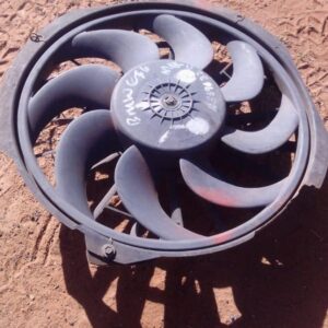 Front view of a used BMW E36 radiator cooling fan assembly showing blades and housing.Front view of a used BMW