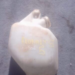 Side view of a used Renault 5 water bottle, showing the cylindrical shape and attached hose fitting.Side view