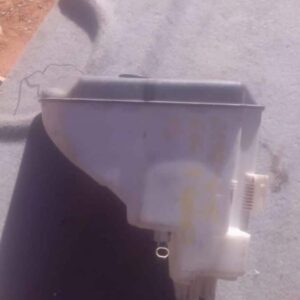 Side view of a used E46 model water bottle with a black cap and clear body.Side view of a used E46 model water