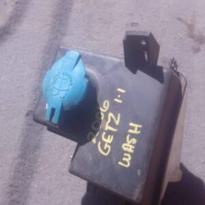Front angle of a used Hyundai Getz windshield washer bottle with attached hose and connector visible.Front ang