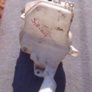 Front view of a used washer bottle for a compact car, showing cap and fluid reservoir.Front view of a used was