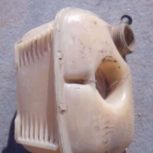 Side view of a used blue water bottle with Volkswagen Golf 3 logo, angled slightly to the left.Side view of a