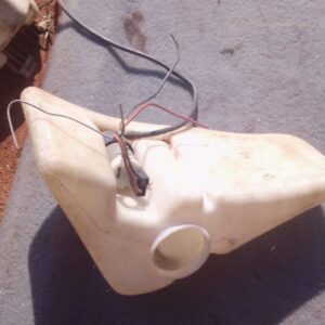 Used washer bottle viewed from the front showing mounting points and filler neck for Opel Monza.Used washer bo