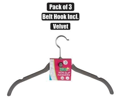 036-000322.Jpg Clothes hangers velvet w/hook 3pc – main product image