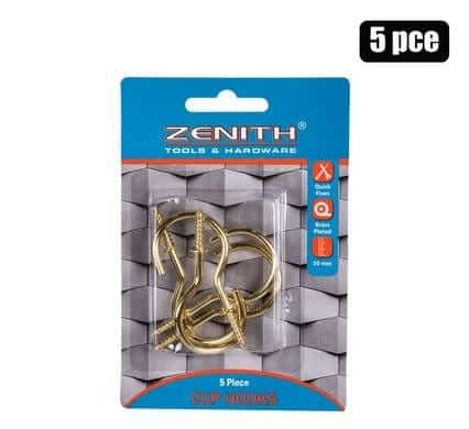 055-009057.Jpg Cup hooks brass pl 50mm 5pce zenith – main product image