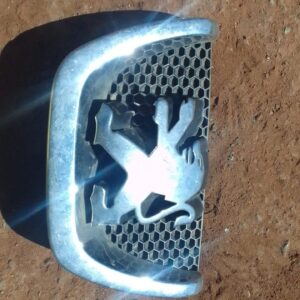 Close-up front view of used Peugeot 206 badge with chrome and black enamel details.Close-up front view of used