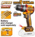 DRILL CORDLESS 20v IMPACT BRUSHLESS SOLO INGCO ™ auto part product photo