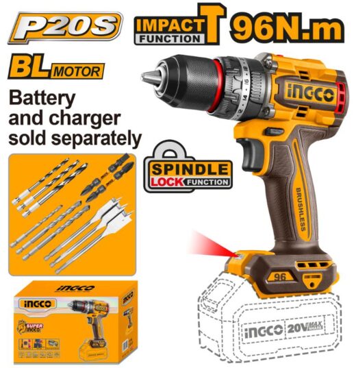 Drill Cordless 96Nm 20V Impact Brushless Solo Ingco ™ 1 DRILL CORDLESS 96NM 20v IMPACT BRUSHLESS SOLO INGCO ™ auto part product photo