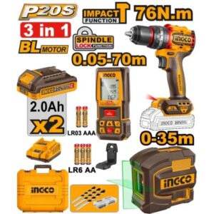 INGCO COMBO 20v IMPACT DRILL LASER DISTANCE MEASURE & SELF LEVELLING LINE ™ auto part product photo