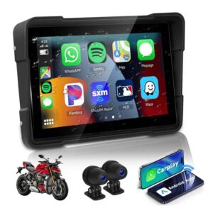 5″ Motorcycle Portable CarPlay & Android Auto Dual Lens DVR Monitor, IP67 Waterproof with Front/Rear Camera | IOS & Android C